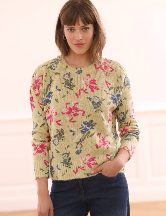 Pull col rond imprimé (vert / rose)
