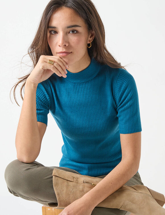 Pull col montant manches courtes, maille côtelée (bleu canard)