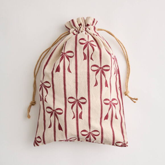 Stoffen zakje met strikmotief - set van 2 (naturel/rood)