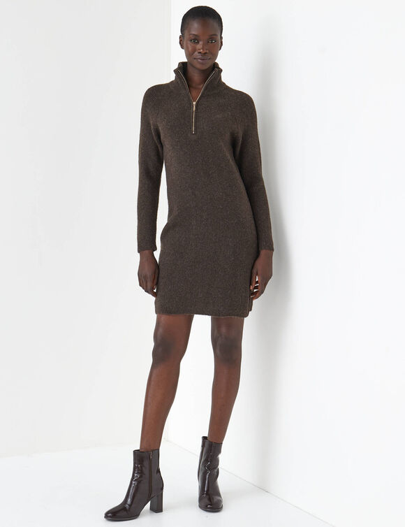 Robe pull col camionneur, maille c&ocirc;tel&eacute;e en laine m&eacute;lang&eacute;e (chocolat)