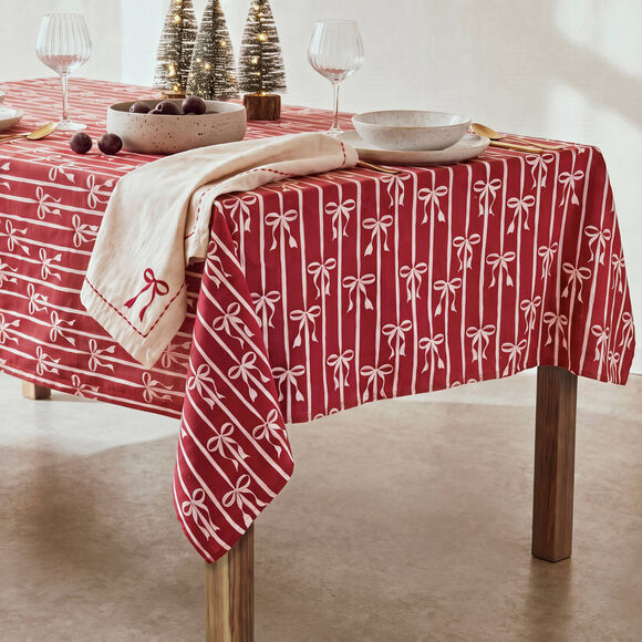 Nappe coton/lin, imprim&eacute; petits n&oelig;uds (rouge)