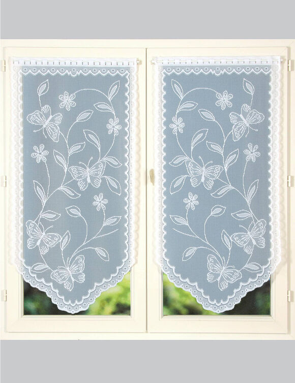 Vitrage droit pointe maille dentelle motif bucolique - la paire (blanc)