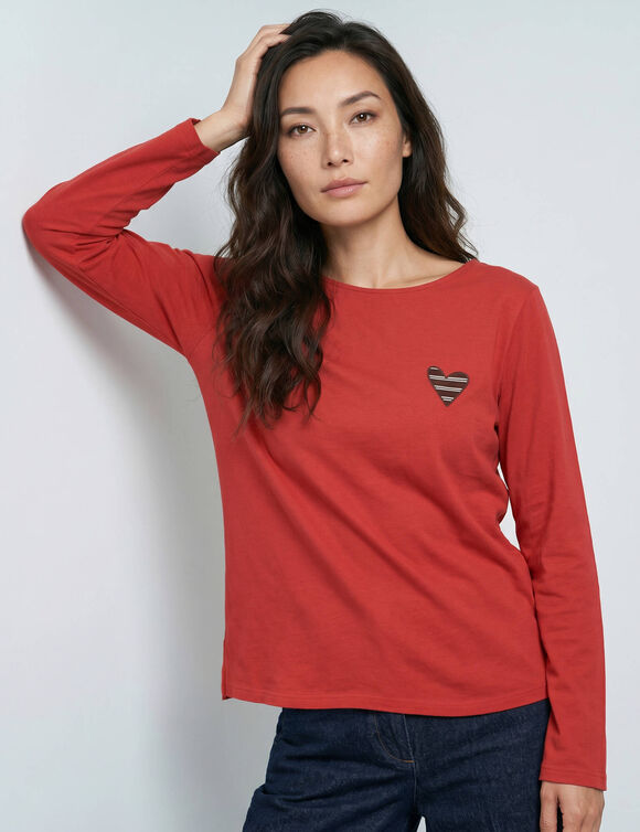 T-shirt marini&egrave;re manches longues, brod&eacute; "c&oelig;ur" uni ou imprim&eacute; l&eacute;opard (rouge)
