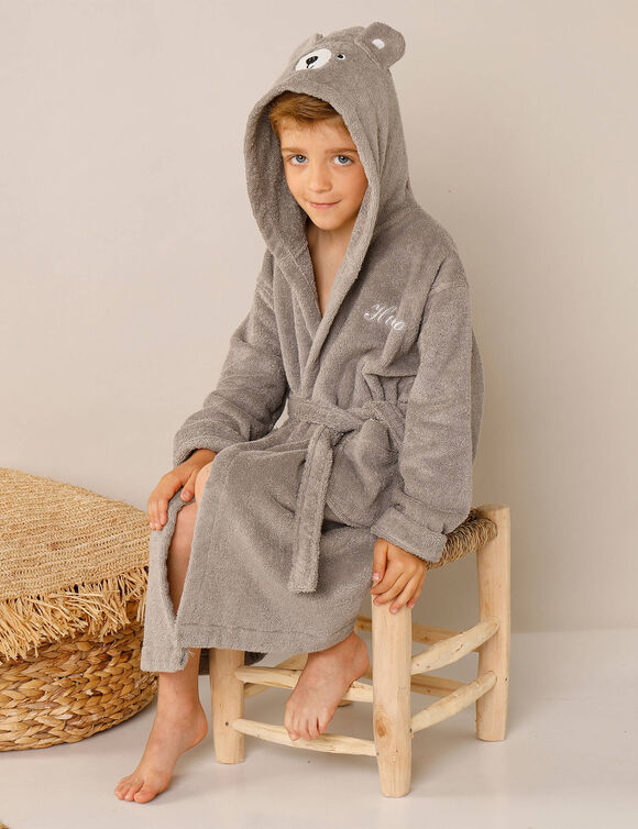 Vermommingsbadjas voor kinderen, beertjesmotief en kap, personaliseerbaar (taupe)
