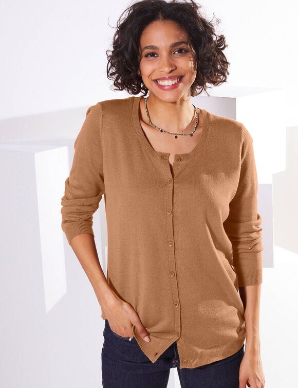 Cardigan boutonné col rond uni, toucher doux (noisette)