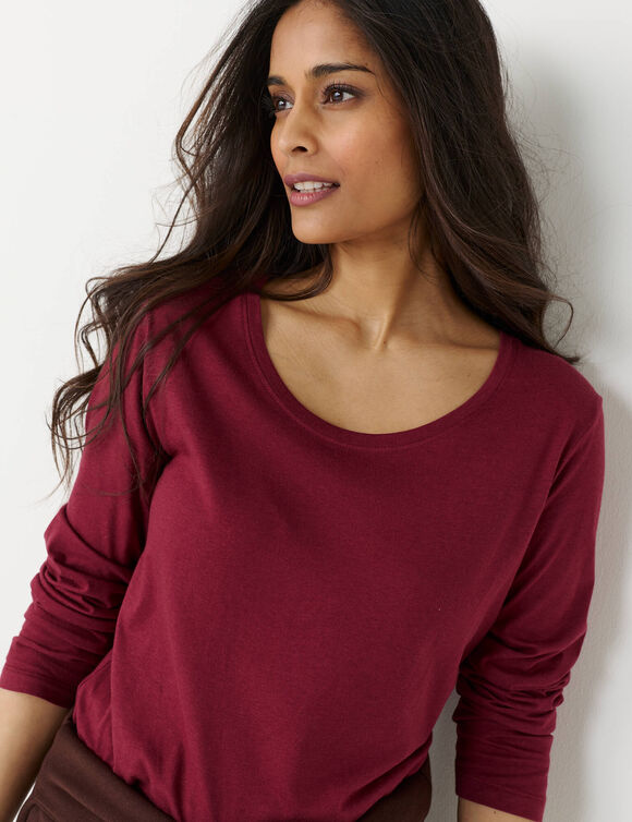 T-shirt col rond manches longues uni (bordeaux)