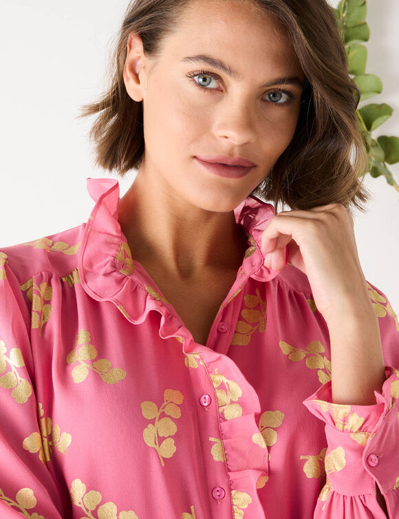 Chemisier volanté, voile imprimé doré (rose)