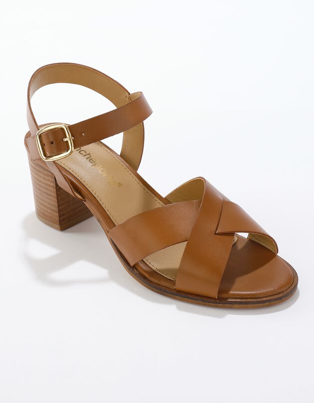 Sandalen met hak en gekruiste riempjes, leer (karamel)