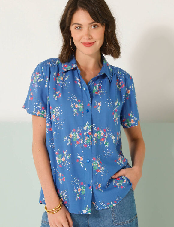 Chemisier smocks épaules, imprimé bouquets (bleu)