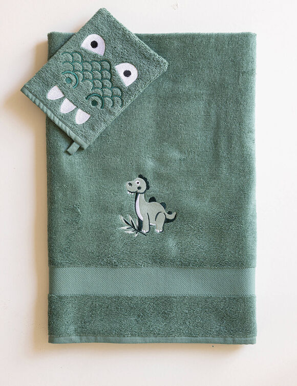 Badstofcollectie voor kinderen, geborduurd dinosaurusmotief, katoen - 380 g/m2 (eucalyptus)