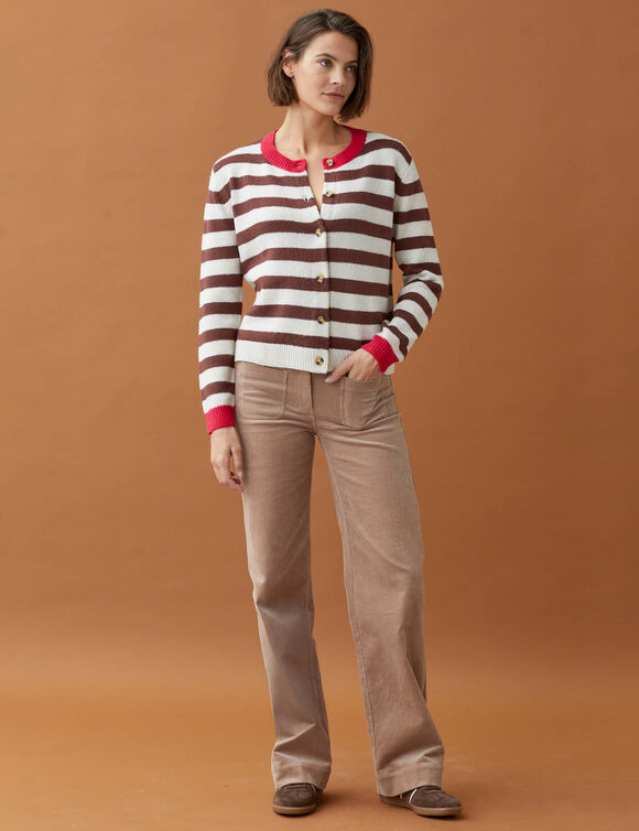 Gilet ray&eacute; col rond en maille, finitions contrast&eacute;es (beige / chocolat)