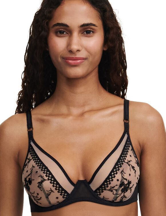 Beha in tule met borduursel, foulardmodel, met beugels, Suzy (zwart)