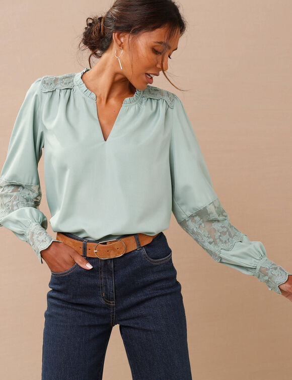 Blouse dentelle manches longues blousantes (vert grisé)
