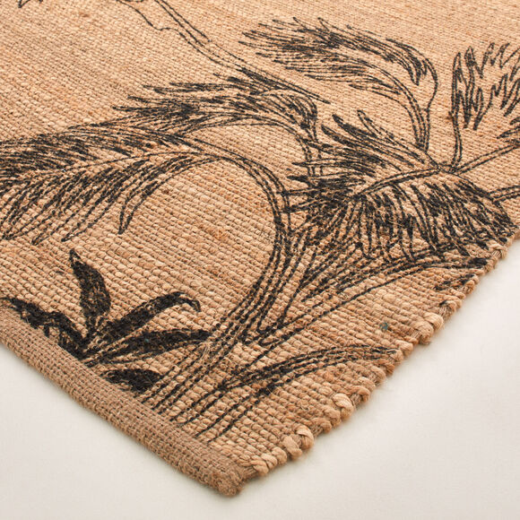 Tapis rectangulaire en jute, motif v&eacute;g&eacute;tal (naturel / noir)