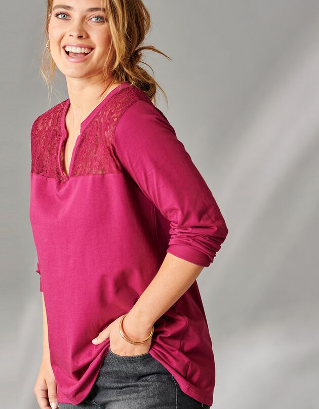 T-shirt ample manches longues avec dentelle, prune T-shirt ample manches longues avec dentelle, prune, hi-res