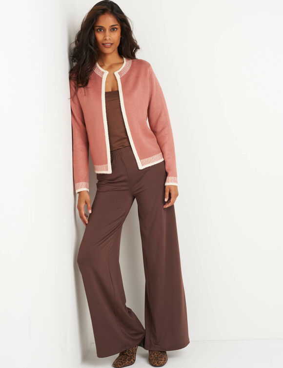 Tweekleurige cardigan, ronde hals (rozenhout / ecru)