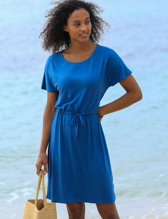 Robe courte unie manches courtes (bleu denim)