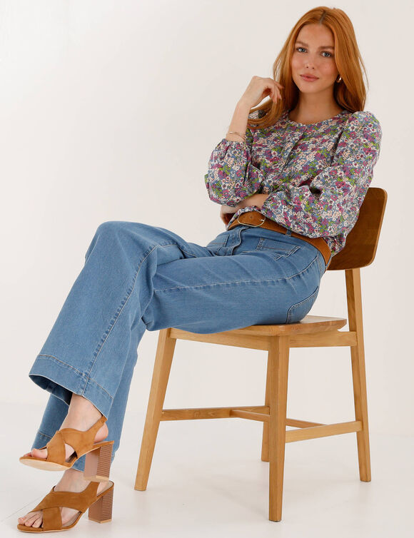 Chemisier col rond imprim&eacute; fleuri, manches longues blousantes (bleu / violine)