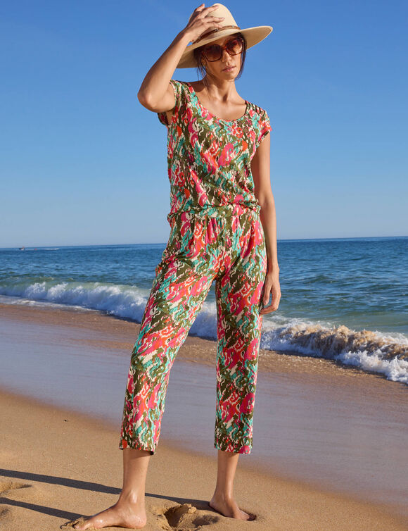 T-shirt maille imprim&eacute; ethnique, la&ccedil;age &eacute;paules (kaki / rose)