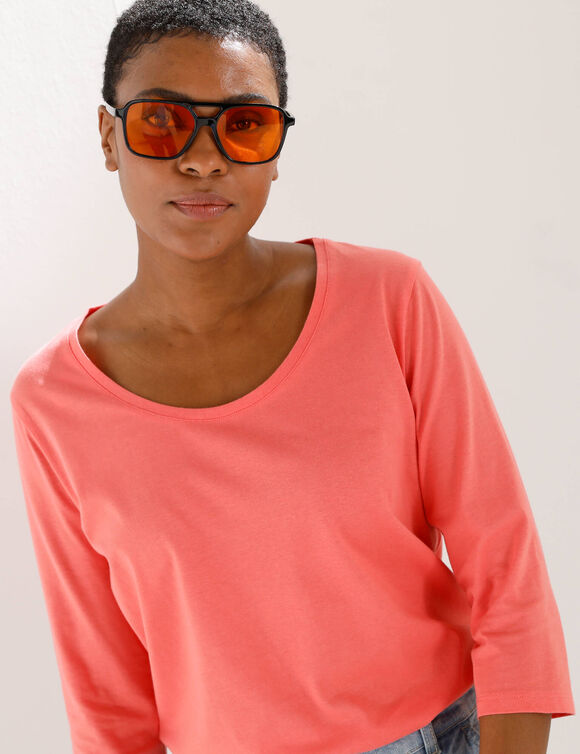 T-shirt manches 3/4 uni, coton (corail)