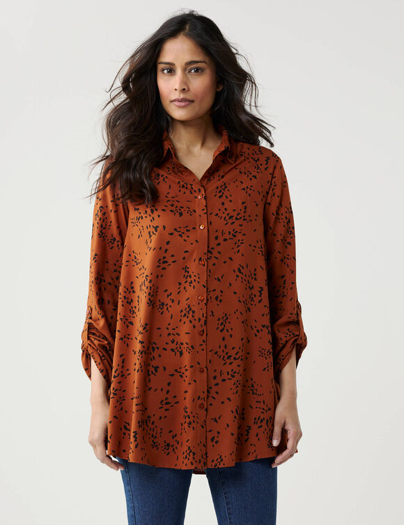Tunique &eacute;vas&eacute;e boutonn&eacute;e imprim&eacute; tachiste (caramel / noir)