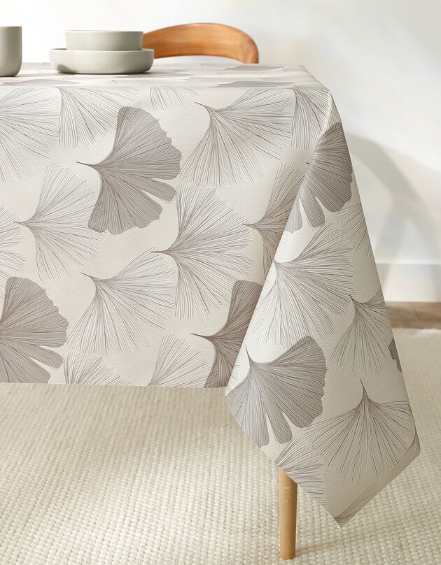 Bedrukt tafellaken in toile cirée, gingko (grijs)