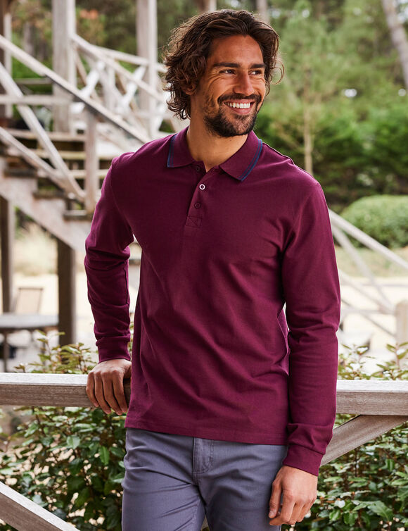 Polo uni maille piquée manches longues (bordeaux)