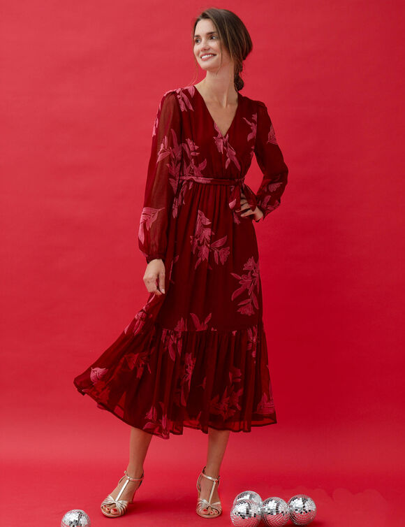 Robe longue volant, voile imprim&eacute; (bordeaux / rouge)