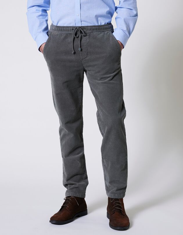 Pantalon en velours fines côtes taille élastiquée (vert grisé)
