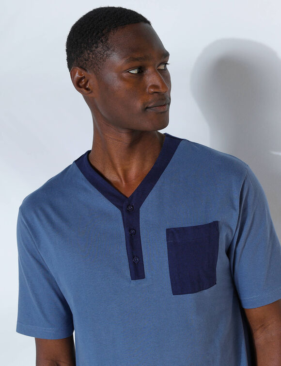 Liquette de pyjama col tunisien - jersey coton (bleu)