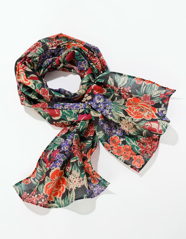 Foulard fabriqué en France imprimé grosses fleurs, 198x38 cm  - coton  (noir)