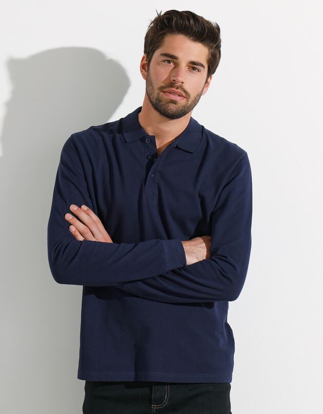 Effen polo in piquétricot met lange mouwen (marine) Effen polo in piquétricot met lange mouwen (marine)