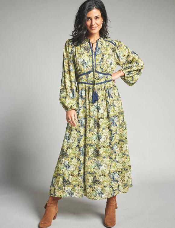 Robe longue imprim&eacute; floral finition macram&eacute; (marine / vert)