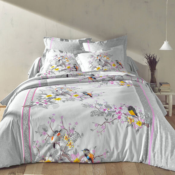 Linge de lit Birdy en coton imprimé oiseaux (gris)