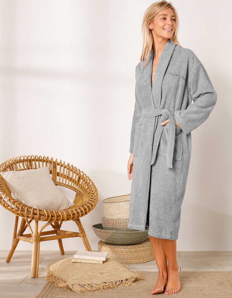 Peignoir mixte adulte éponge bouclette col châle personnalisable (gris)