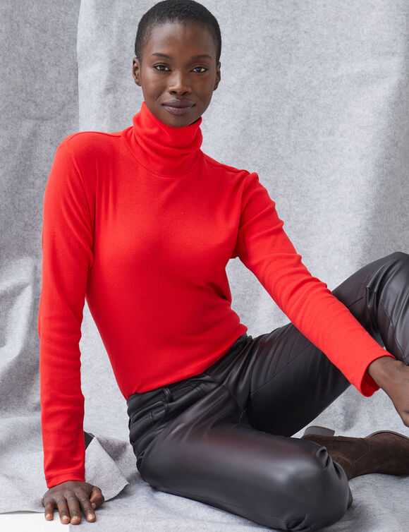 Sous-pull col roul&eacute; en maille c&ocirc;tel&eacute;e, uni (rouge)