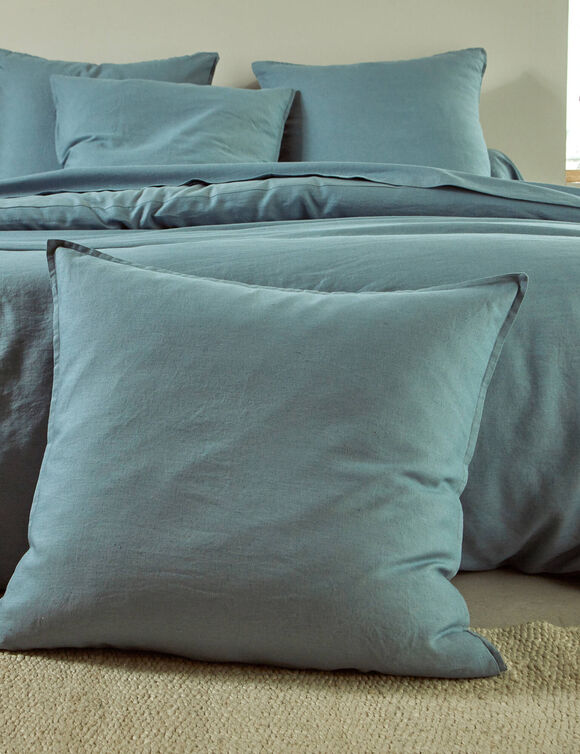 Linge de lit uni biface lin lav&eacute; / coton lav&eacute;  (bleu gris&eacute;)