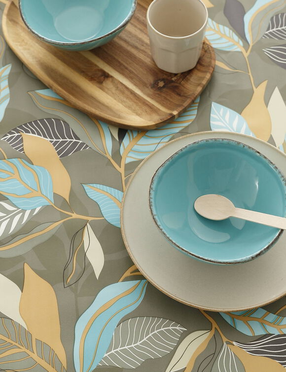 Nappe toile cirée imprimé feuillage (marron / turquoise)