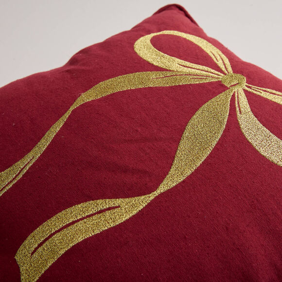 Coussin carr&eacute; brod&eacute; n&oelig;ud, en coton/lin (rouge)
