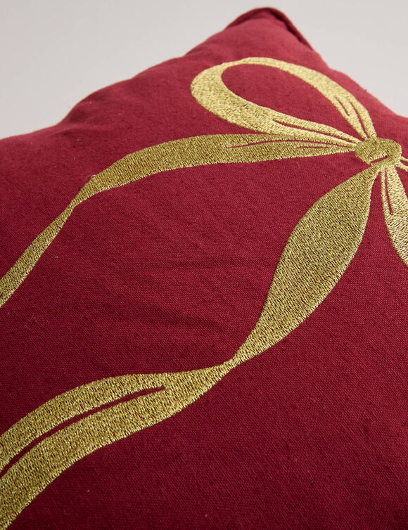 Coussin carr&eacute; brod&eacute; n&oelig;ud, en coton/lin (rouge)