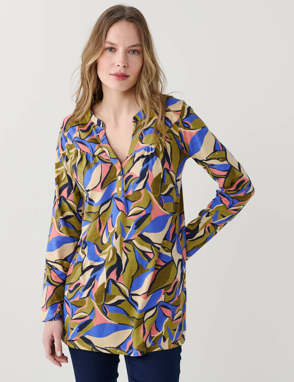 Tunique col boutonn&eacute; imprim&eacute; floral (vert olive / bleu)