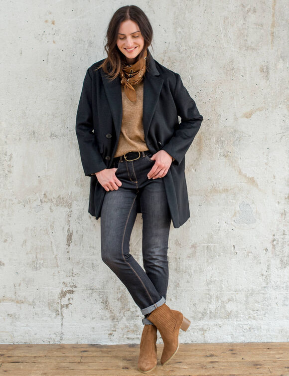 Manteau mi-long &agrave; col tailleur, boutonnage crois&eacute; (noir)