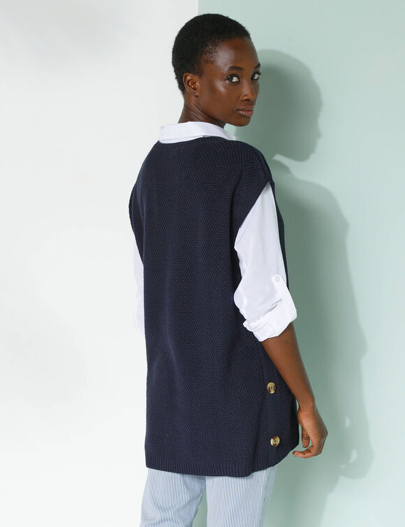 Pull-tunique sans manches à boutons effet corne, maille fantaisie (marine)