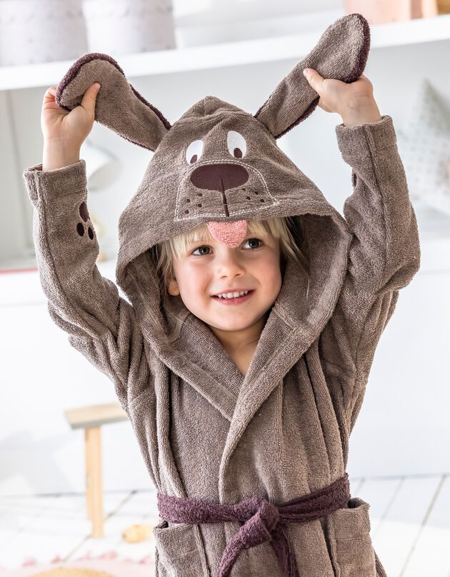 Badjas voor kinderen, hondmotief, katoenen badstof - 340 g/m2 (chocolade)