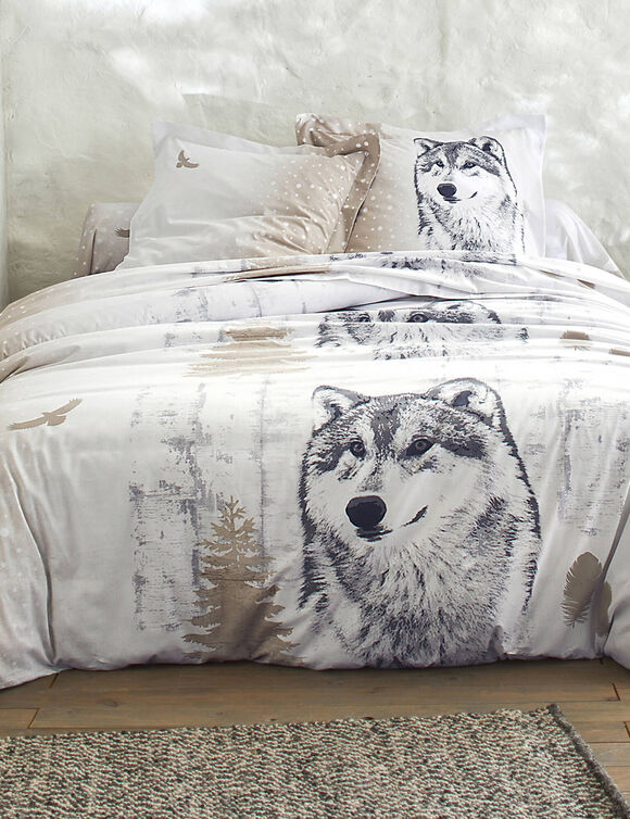Bedlinnen Artic in katoen met hond-wolf print (taupe)