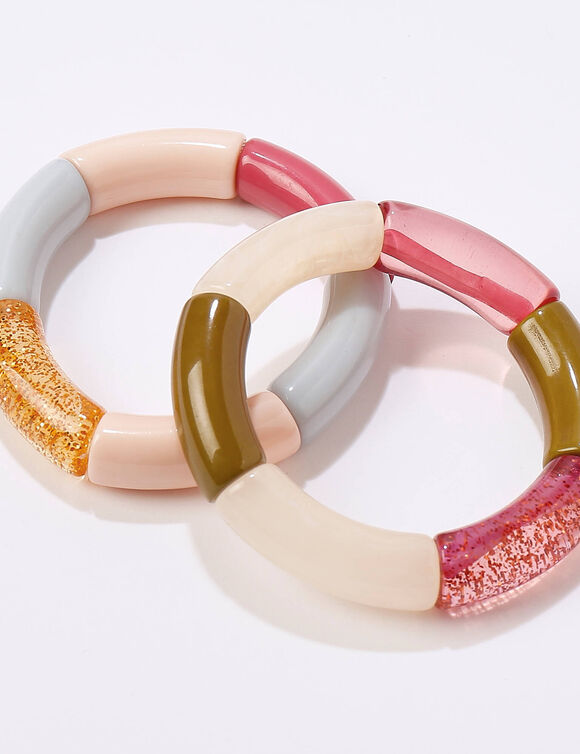 Bracelet &eacute;lastiqu&eacute; perles tubulaires, lot de 2 (rose / &eacute;cru)