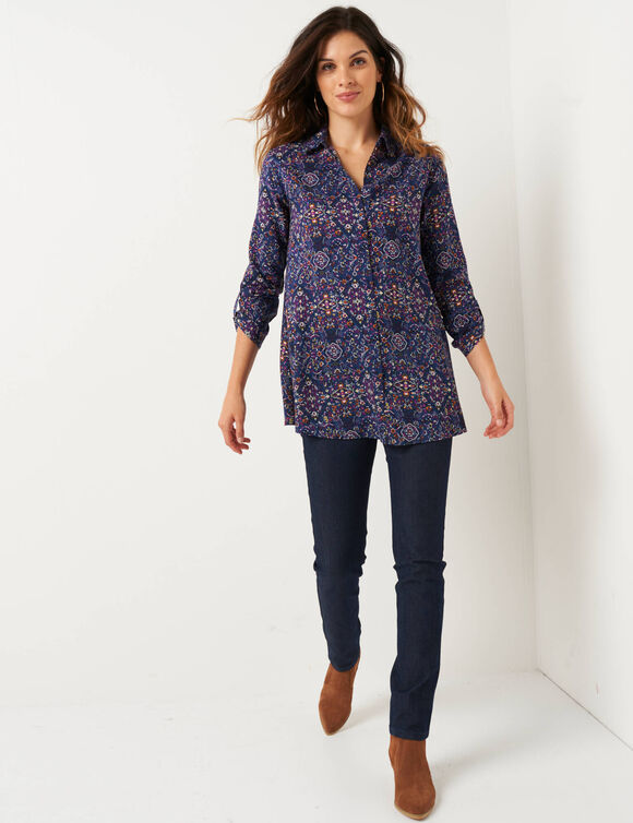 Tuniek met kasjmierprint en hemdkraag (blauw / violine)