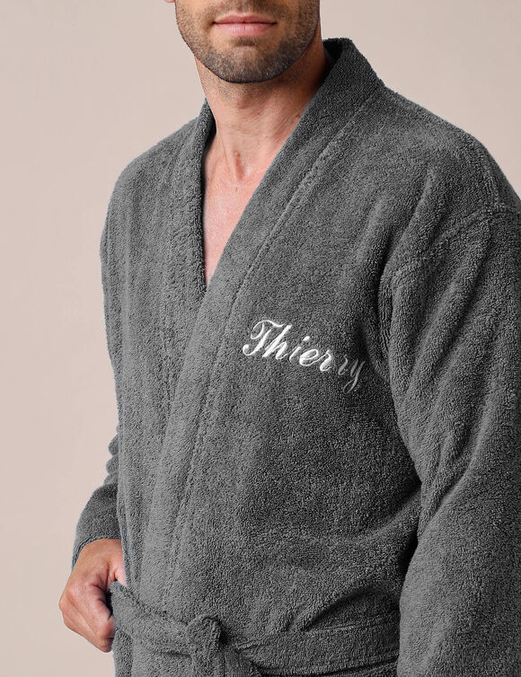 Peignoir mixte adulte uni coton éponge bouclette col kimono personnalisé (anthracite)