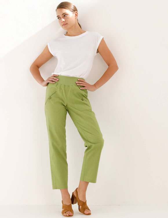 Pantalon droit 7/8&egrave;me, taille &eacute;lastiqu&eacute;e, lin coton (vert gris&eacute;)