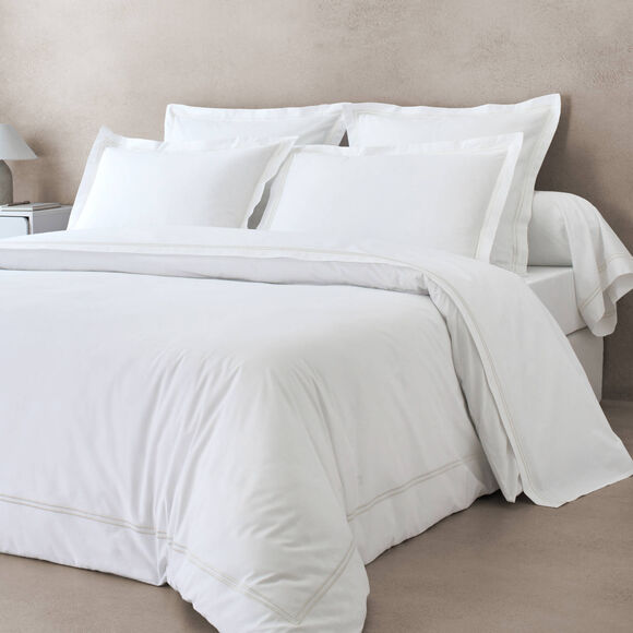 Linge de lit uni double bourdon - percale de coton 80 fils/cm&sup2; (blanc / sable)
